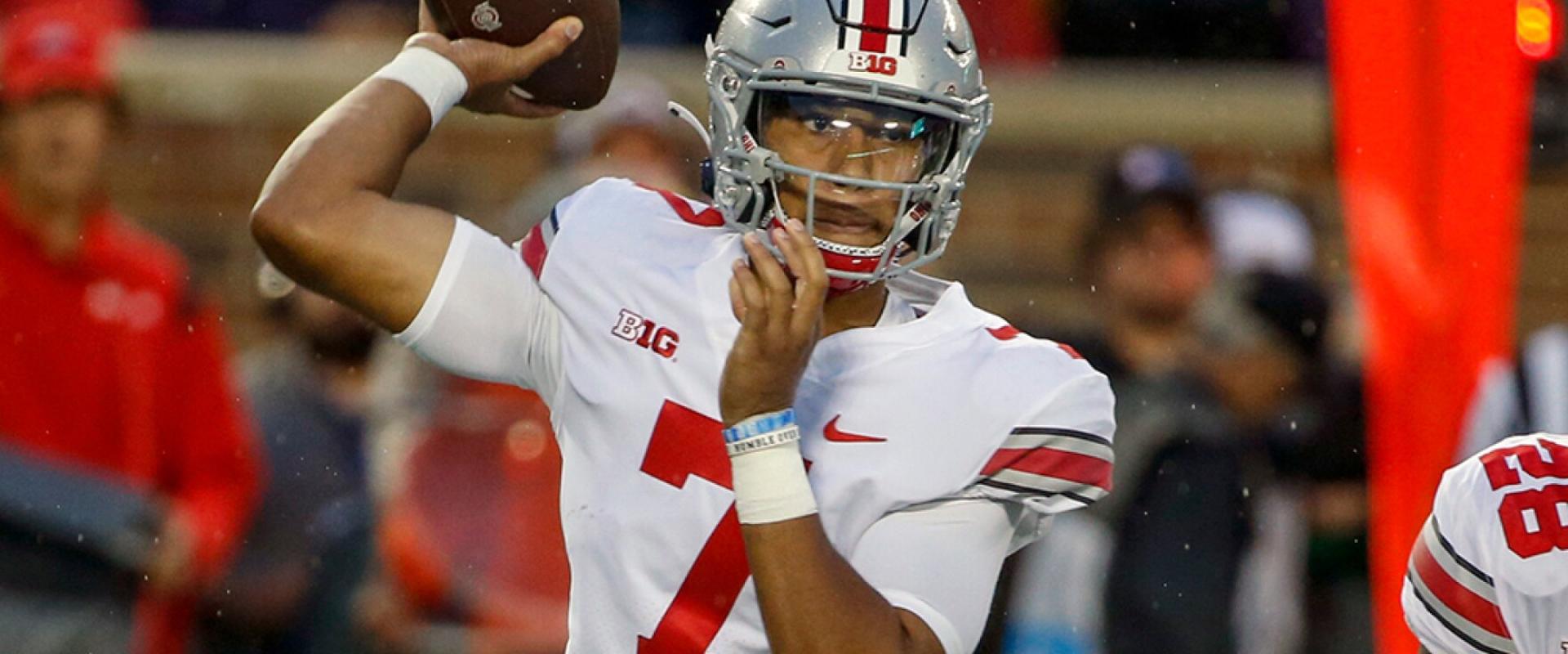Ohio State quarterback C.J. Stroud (7) passes against Minnesota in the first quarter of the Buckeyes' season opener on Thursday, Sept. 2, 2021, in Minneapolis.